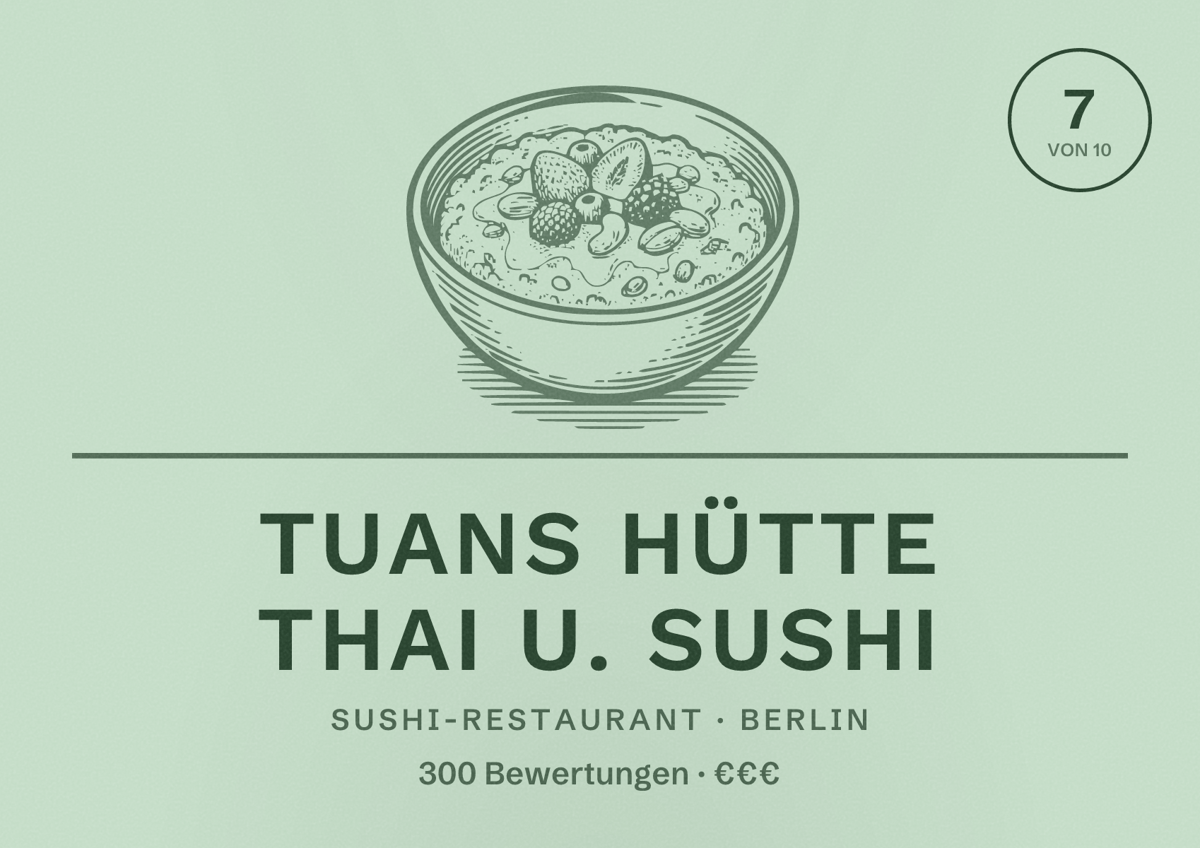 Illustriertes Poster von Tuans Hütte Thai u. Sushi, Sushi-Restaurant in Berlin: Bewertung 7 von 10 aus 300 Bewertungen, Preisniveau €€€