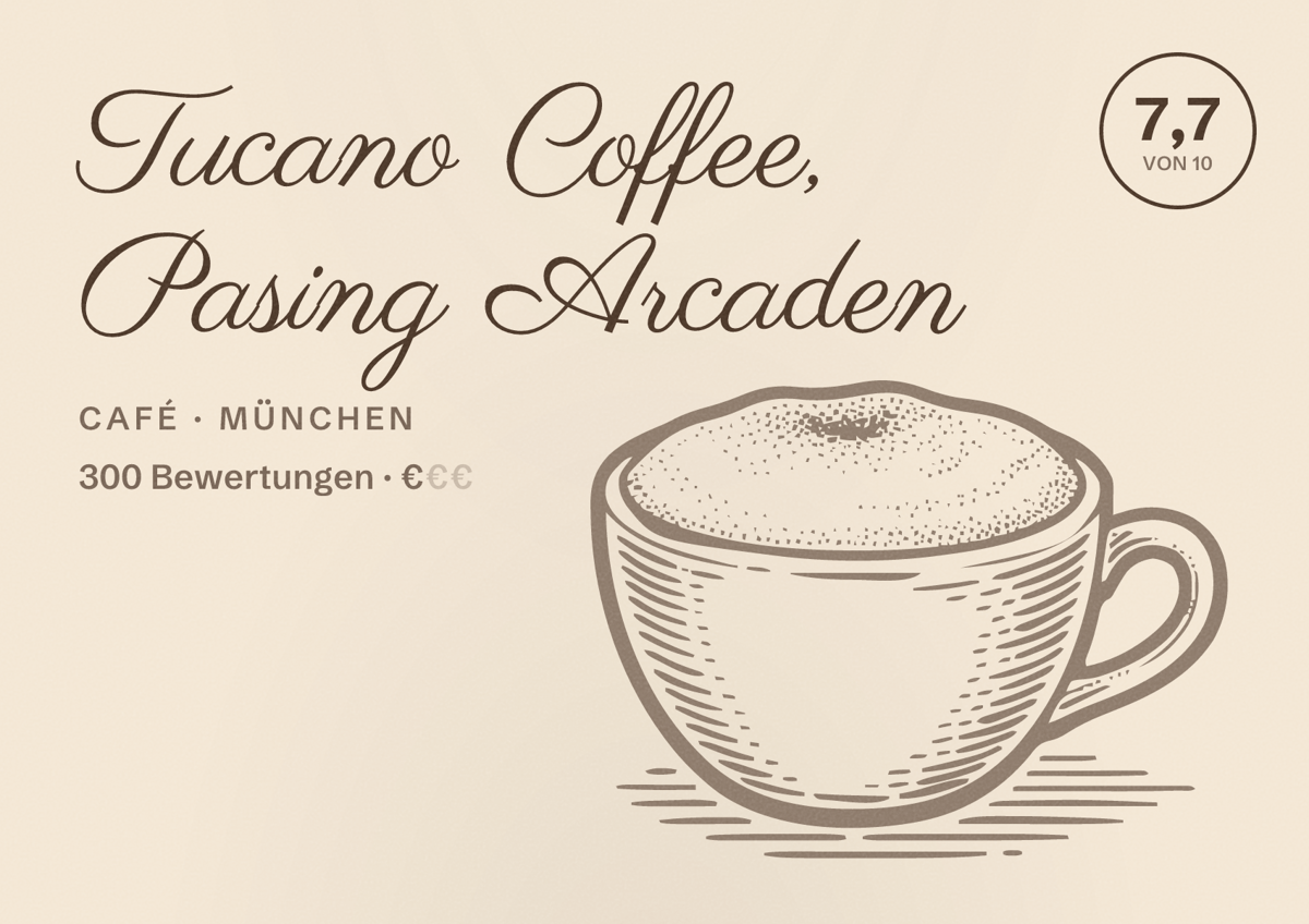 Illustriertes Poster von Tucano Coffee, Pasing Arcaden, Café in München: Bewertung 7,7 von 10 aus 300 Bewertungen, Preisniveau €