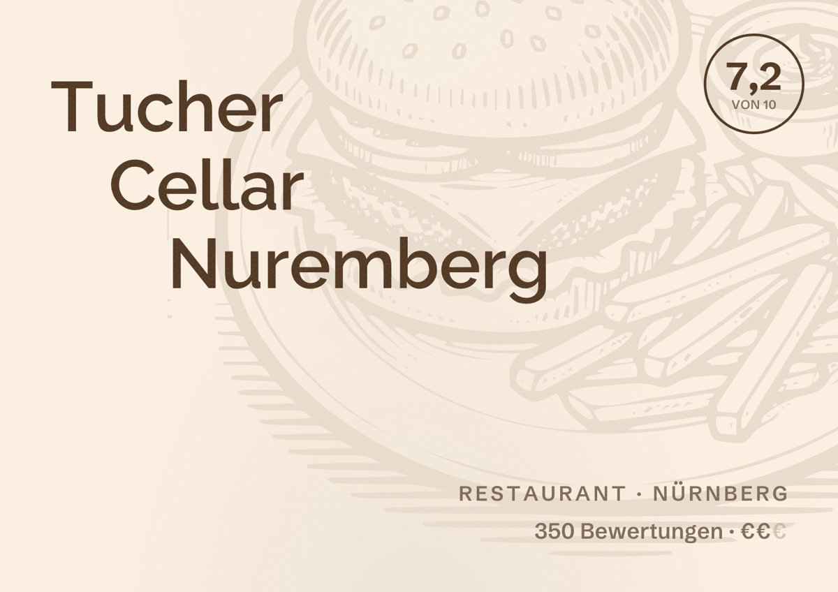 Illustriertes Poster von Tucher Cellar Nuremberg, Restaurant in Nürnberg: Bewertung 7,2 von 10 aus 350 Bewertungen, Preisniveau €€