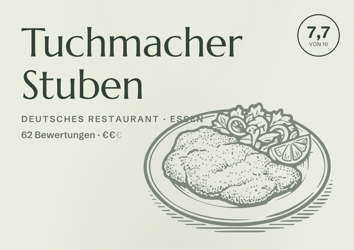 Illustriertes Poster von Tuchmacher Stuben, Deutsches Restaurant in Essen: Bewertung 7,7 von 10 aus 62 Bewertungen, Preisniveau €€