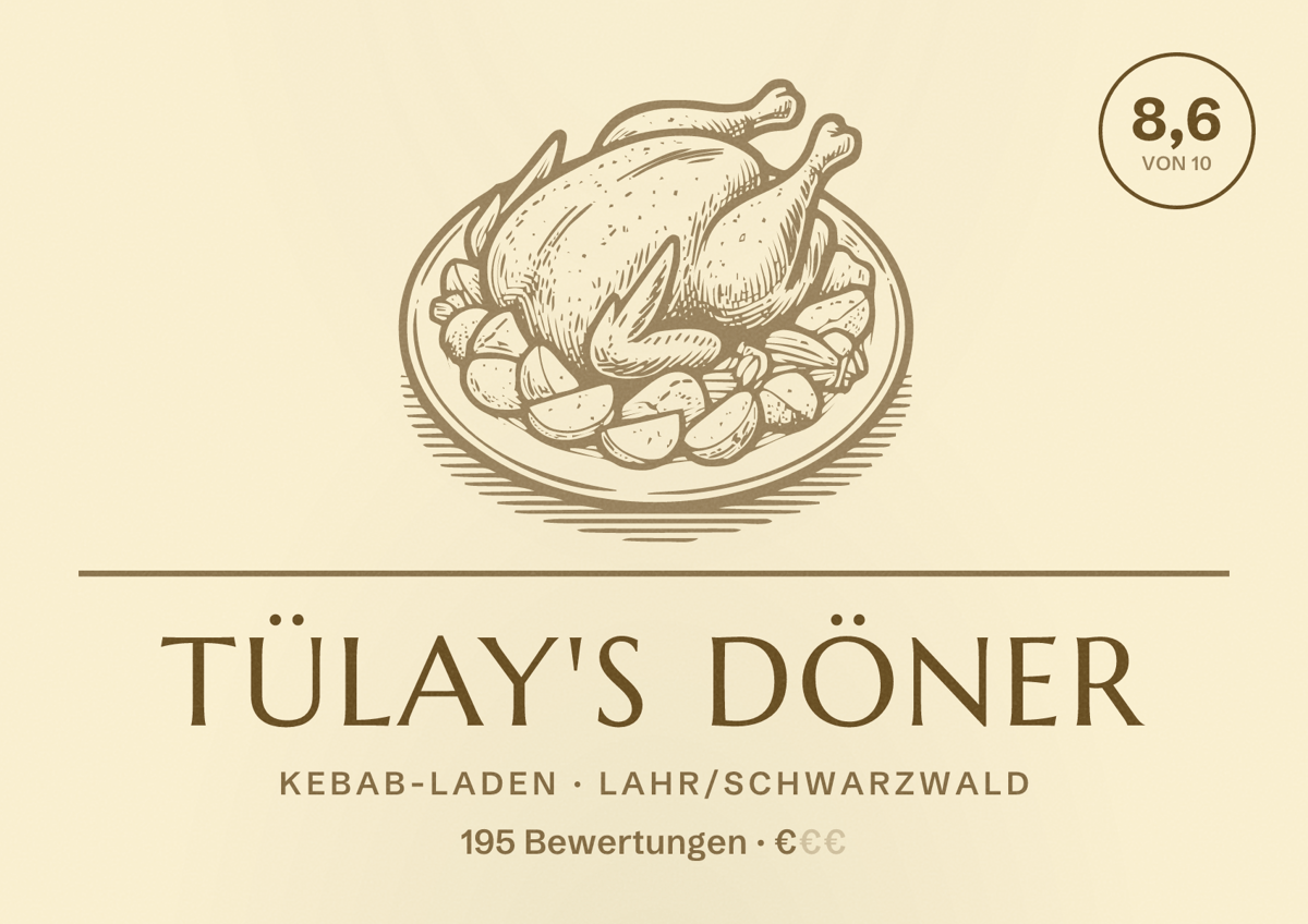 Illustriertes Poster von Tülay's Döner, Kebab-Laden in Lahr/Schwarzwald: Bewertung 8,6 von 10 aus 195 Bewertungen, Preisniveau €