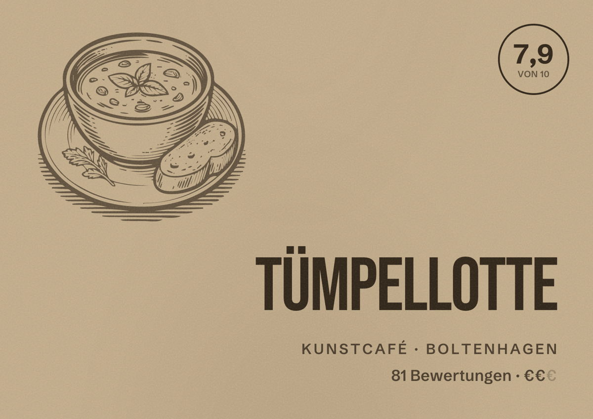 Illustriertes Poster von Tümpellotte, Kunstcafé in Boltenhagen: Bewertung 7,9 von 10 aus 81 Bewertungen, Preisniveau €€