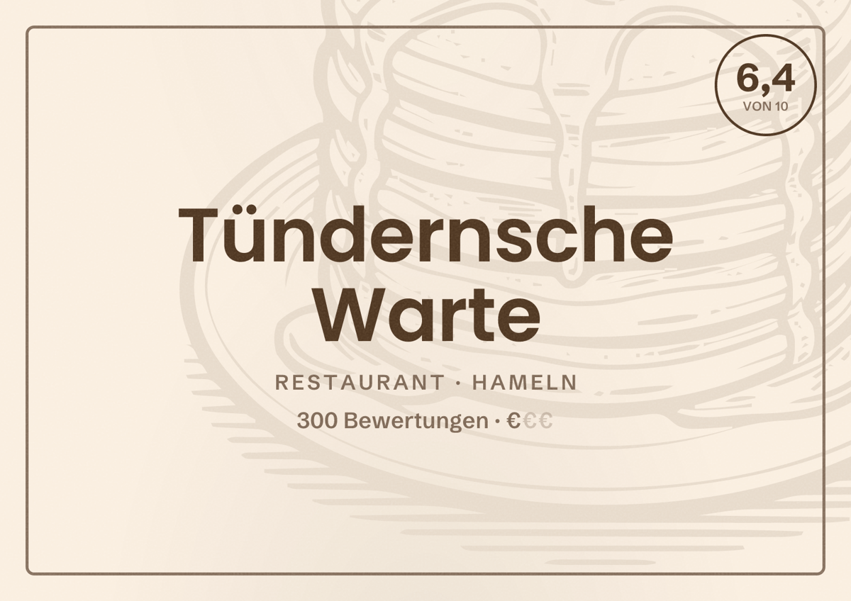 Illustriertes Poster von Tündernsche Warte, Restaurant in Hameln: Bewertung 6,4 von 10 aus 300 Bewertungen, Preisniveau €