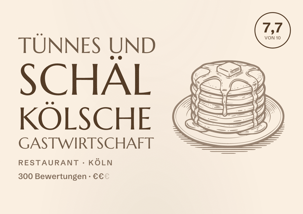 Illustriertes Poster von Tünnes und Schäl Kölsche Gastwirtschaft, Restaurant in Köln: Bewertung 7,7 von 10 aus 300 Bewertungen, Preisniveau €€