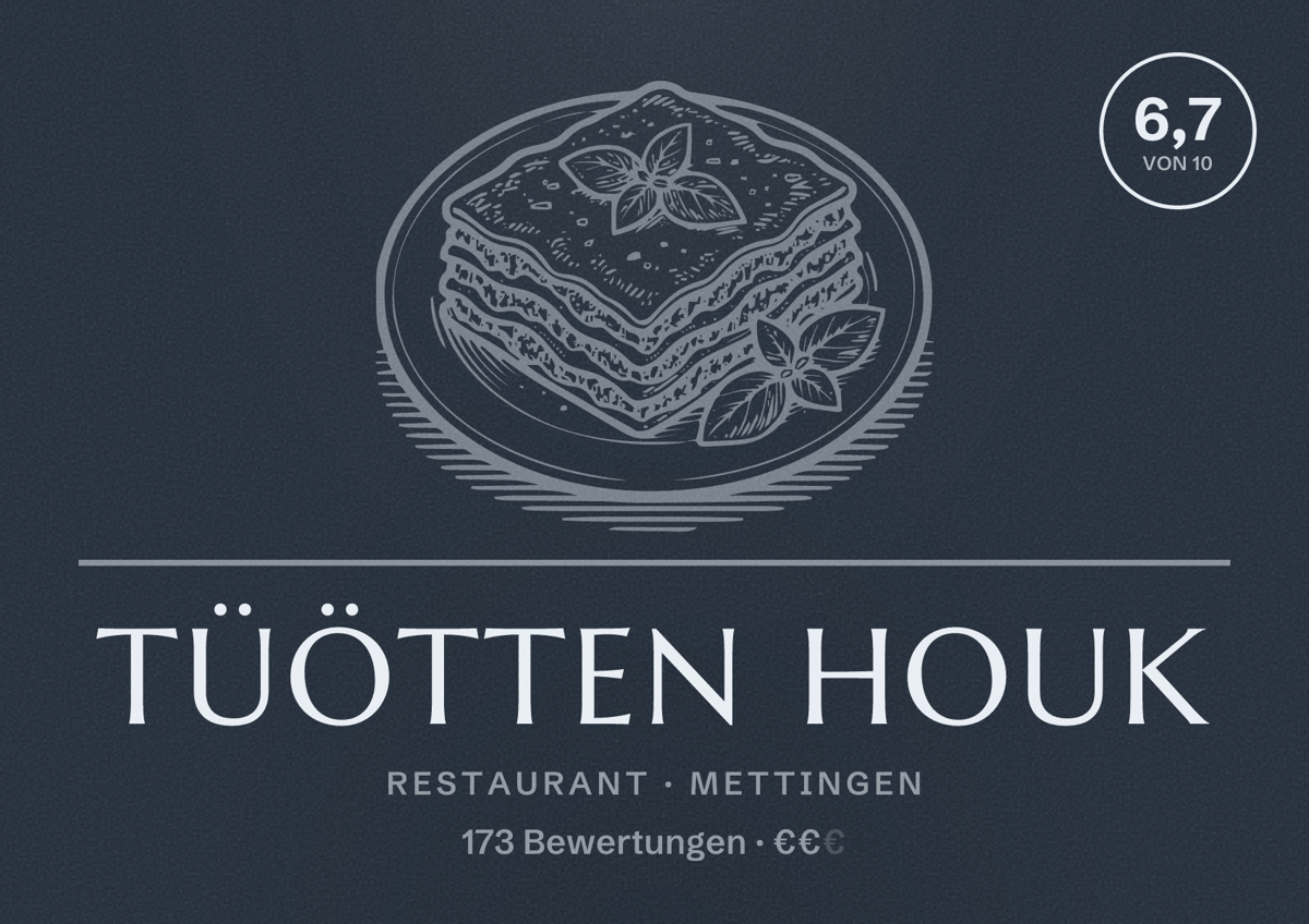 Illustriertes Poster von Tüötten Houk, Restaurant in Mettingen: Bewertung 6,7 von 10 aus 173 Bewertungen, Preisniveau €€