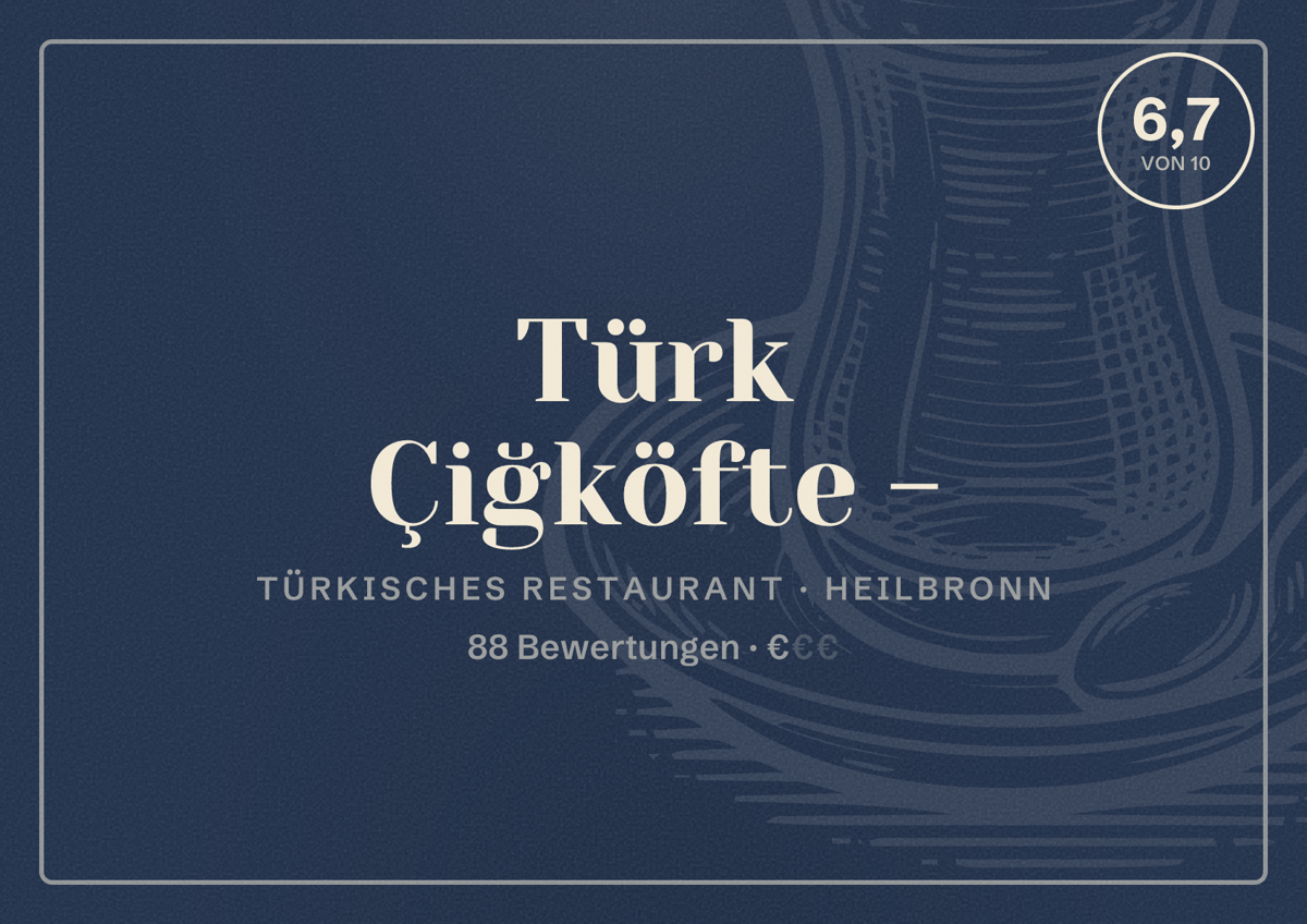 Illustriertes Poster von Türk Çiğköfte -, Türkisches Restaurant in Heilbronn: Bewertung 6,7 von 10 aus 88 Bewertungen, Preisniveau €