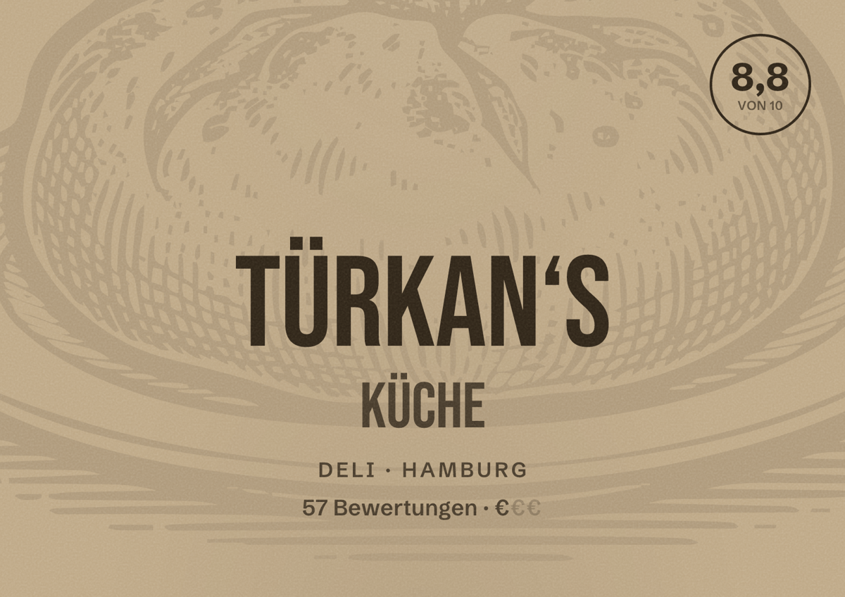 Illustriertes Poster von Türkan‘s Küche, Deli in Hamburg: Bewertung 8,8 von 10 aus 57 Bewertungen, Preisniveau €