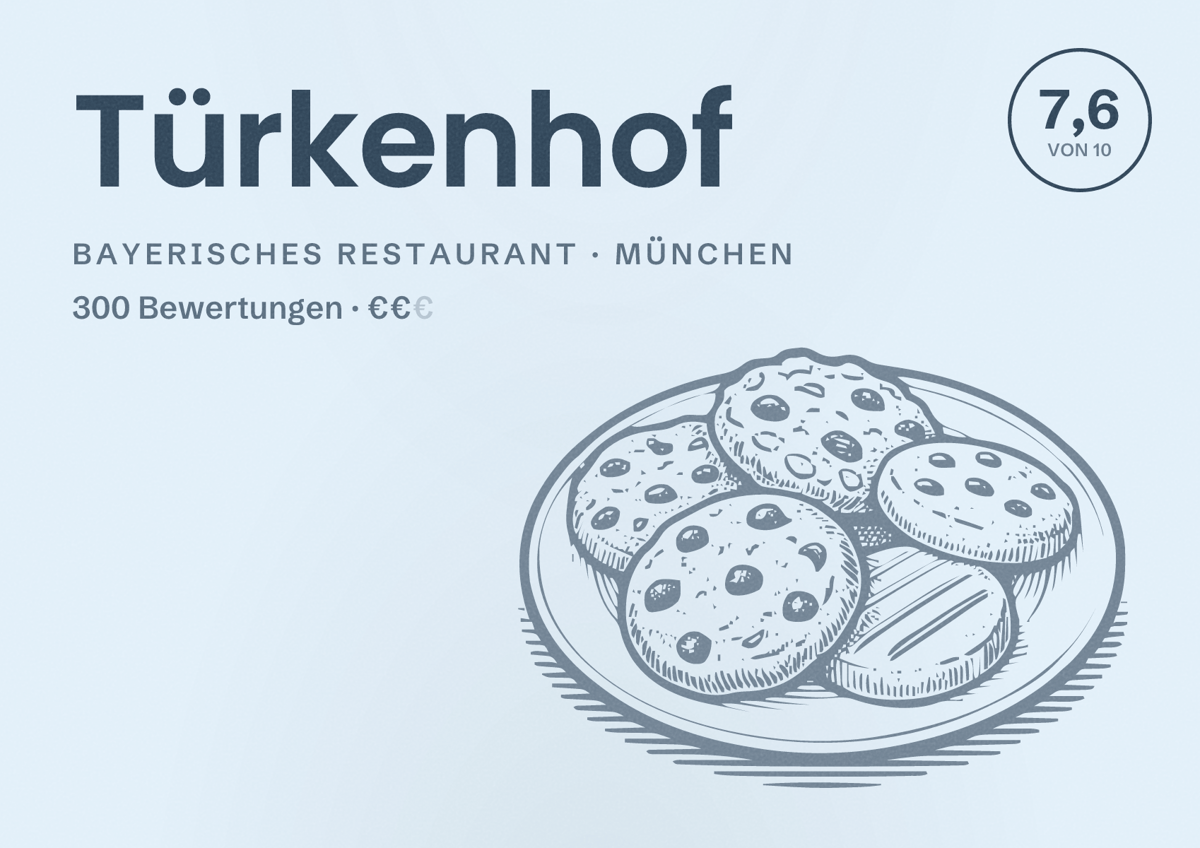 Illustriertes Poster von Türkenhof, Bayerisches Restaurant in München: Bewertung 7,6 von 10 aus 300 Bewertungen, Preisniveau €€