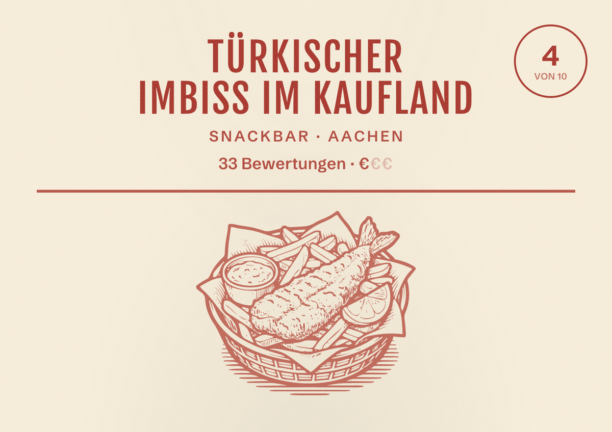 Illustriertes Poster von Türkischer Imbiss im Kaufland, Snackbar in Aachen: Bewertung 4 von 10 aus 33 Bewertungen, Preisniveau €