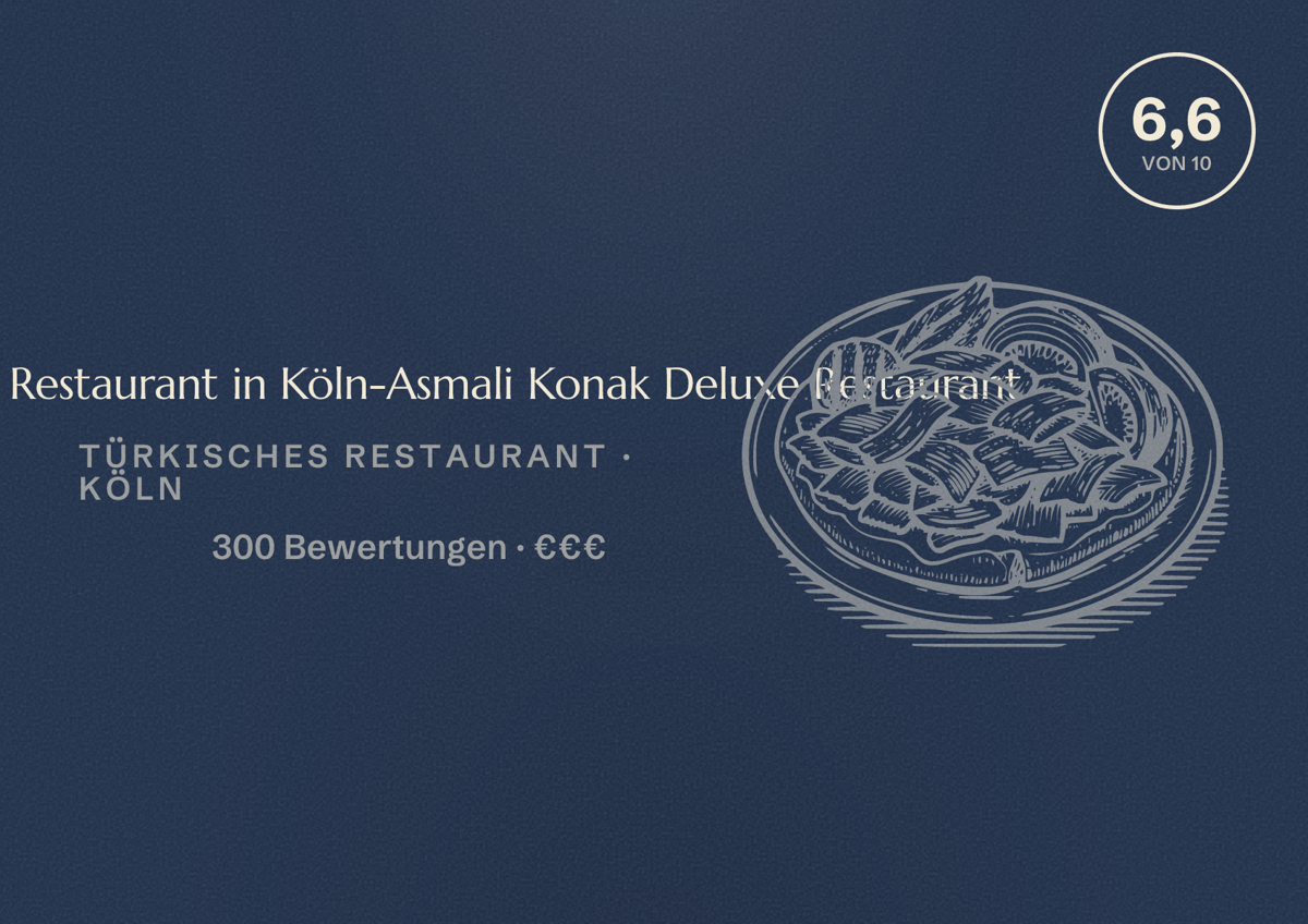 Illustriertes Poster von Türkisches Restaurant in Köln-Asmali Konak Deluxe Restaurant, Türkisches Restaurant in Köln: Bewertung 6,6 von 10 aus 300 Bewertungen, Preisniveau €€€