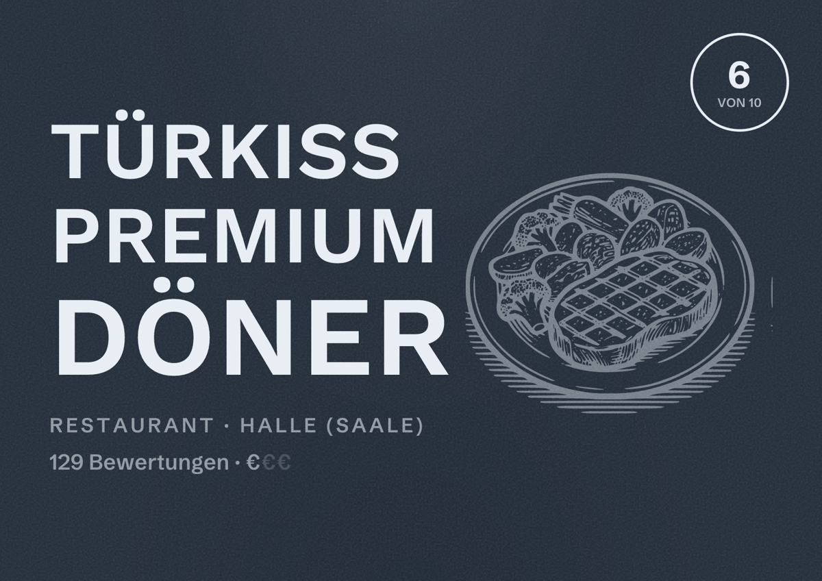 Illustriertes Poster von Türkiss Premium Döner, Restaurant in Halle (Saale): Bewertung 6 von 10 aus 129 Bewertungen, Preisniveau €