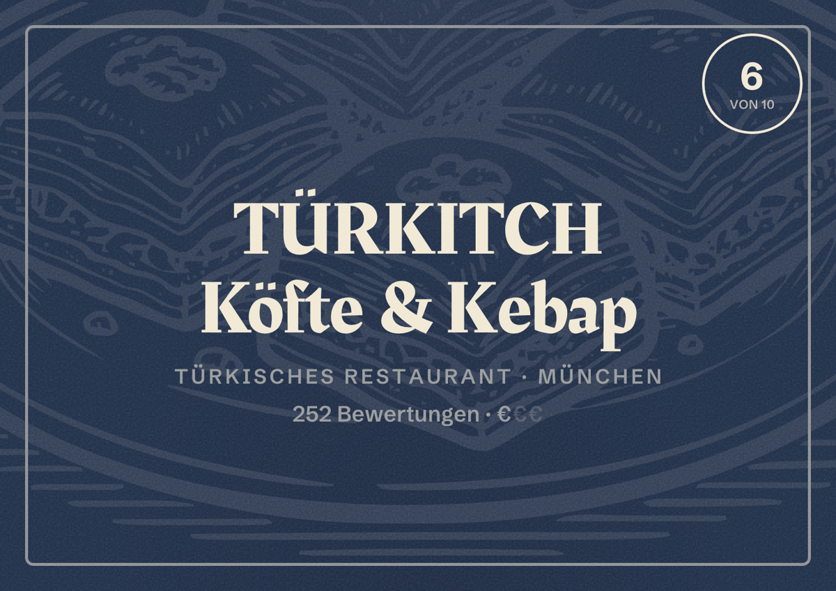 Illustriertes Poster von TÜRKITCH Köfte & Kebap, Türkisches Restaurant in München: Bewertung 6,0 von 10 aus 252 Bewertungen, Preisniveau €