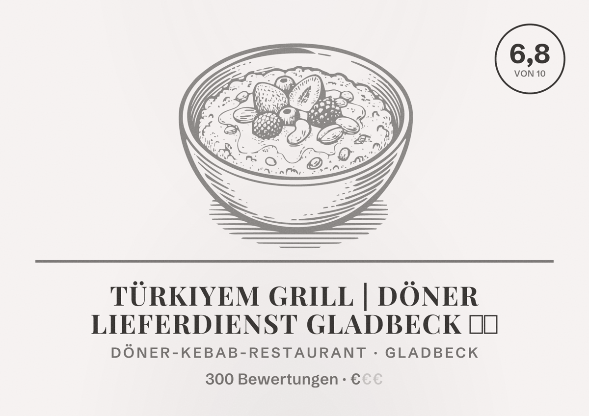 Illustriertes Poster von Türkiyem Grill | Döner Lieferdienst Gladbeck 🥙🔥, Döner-Kebab-Restaurant in Gladbeck: Bewertung 6,8 von 10 aus 300 Bewertungen, Preisniveau €