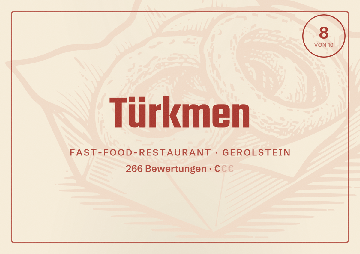 Illustriertes Poster von Türkmen, Fast-Food-Restaurant in Gerolstein: Bewertung 8 von 10 aus 266 Bewertungen, Preisniveau €