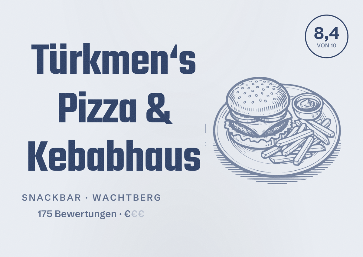Illustriertes Poster von Türkmen‘s Pizza & Kebabhaus, Snackbar in Wachtberg: Bewertung 8,4 von 10 aus 175 Bewertungen, Preisniveau €