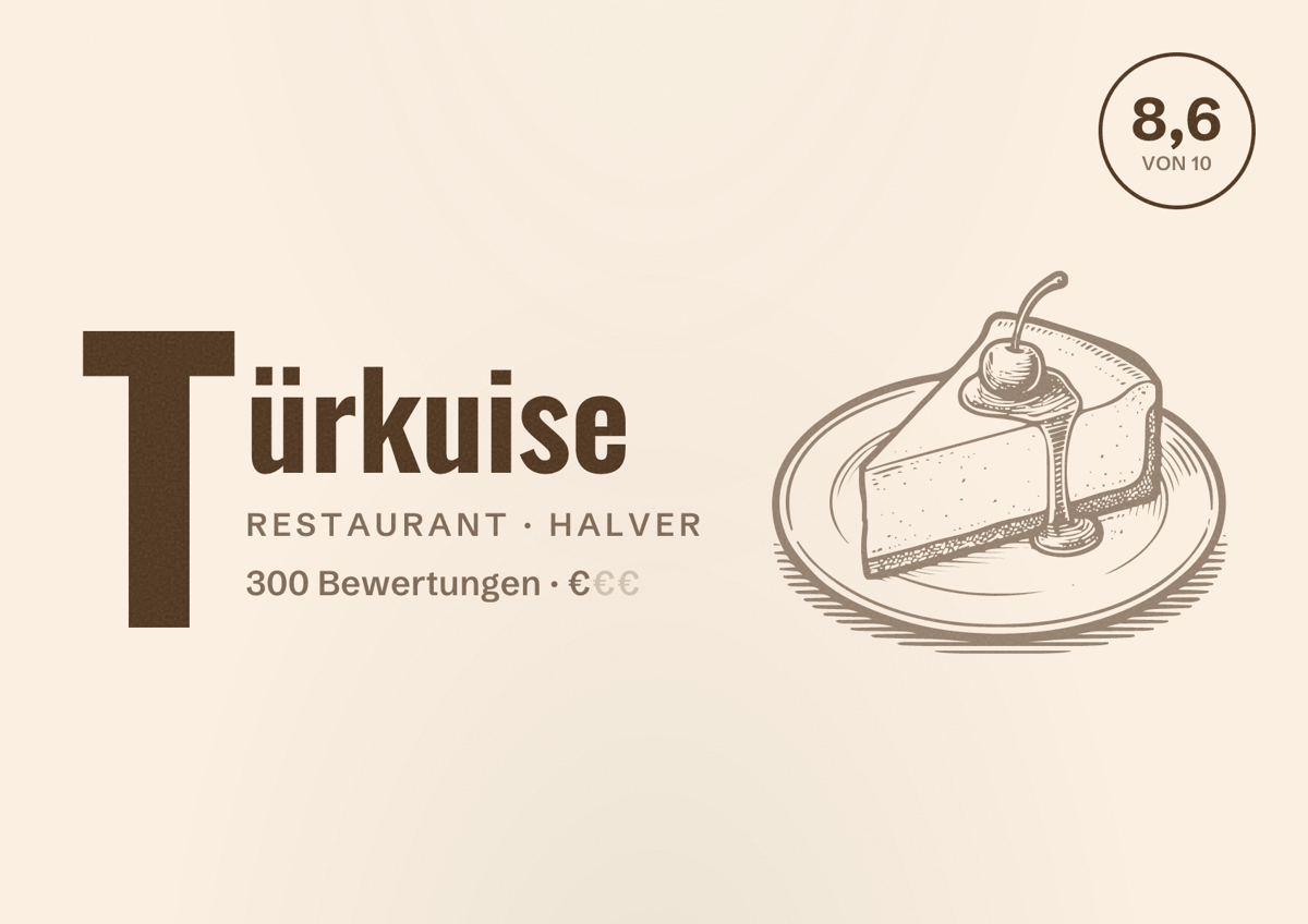 Illustriertes Poster von Türkuise, Restaurant in Halver: Bewertung 8,6 von 10 aus 300 Bewertungen, Preisniveau €