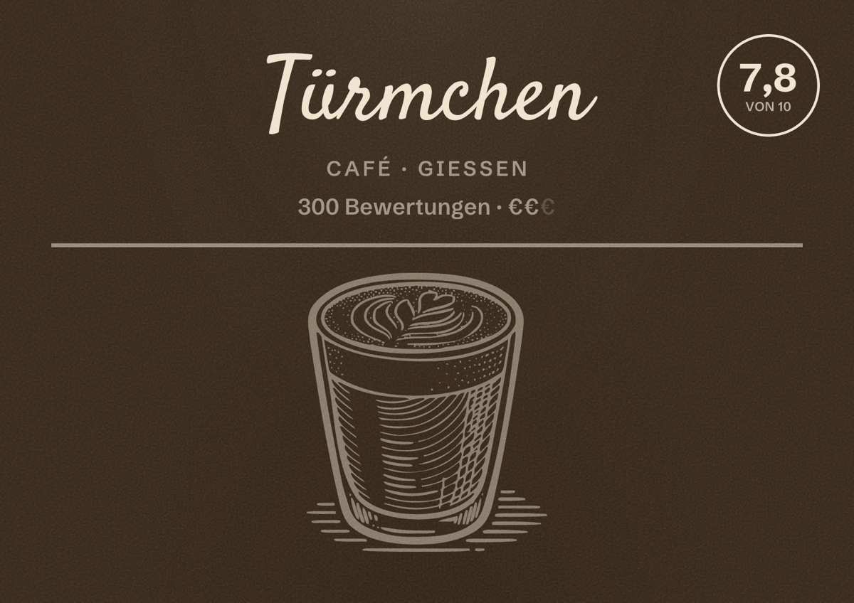 Illustriertes Poster von Türmchen, Café in Gießen: Bewertung 7,8 von 10 aus 300 Bewertungen, Preisniveau €€