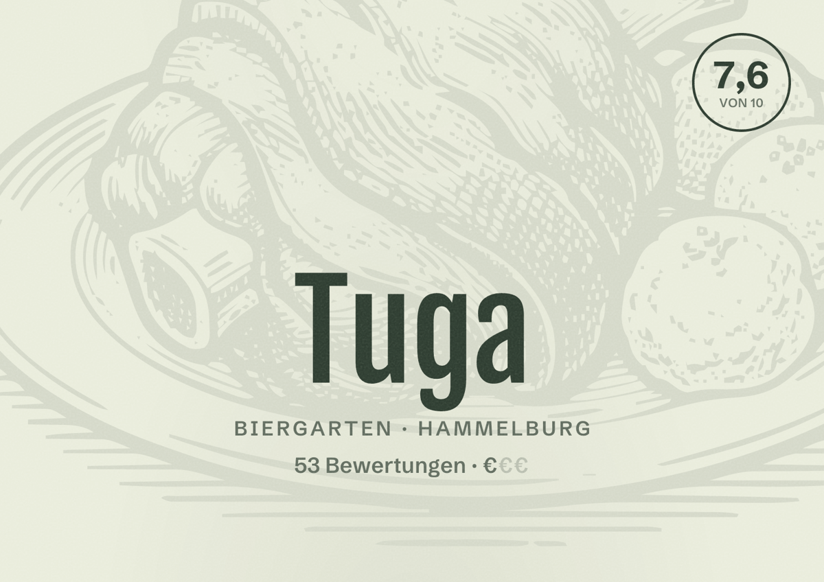 Illustriertes Poster von Tuga, Biergarten in Hammelburg: Bewertung 7,6 von 10 aus 53 Bewertungen, Preisniveau €