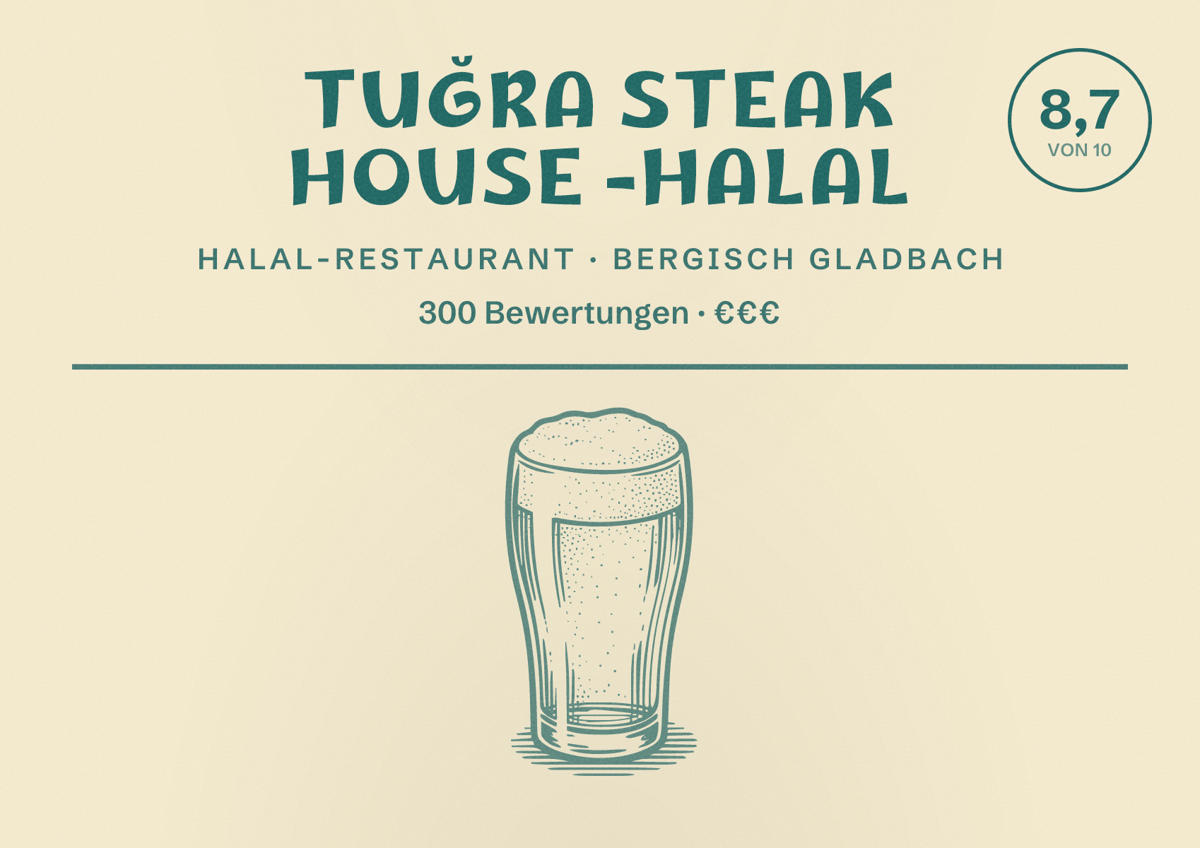 Illustriertes Poster von TUĞRA STEAK HOUSE -HALAL, Halal-Restaurant in Bergisch Gladbach: Bewertung 8,7 von 10 aus 300 Bewertungen, Preisniveau €€€