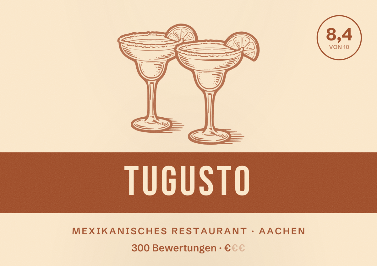 Illustriertes Poster von TUGUSTO, Mexikanisches Restaurant in Aachen: Bewertung 8,4 von 10 aus 300 Bewertungen, Preisniveau €