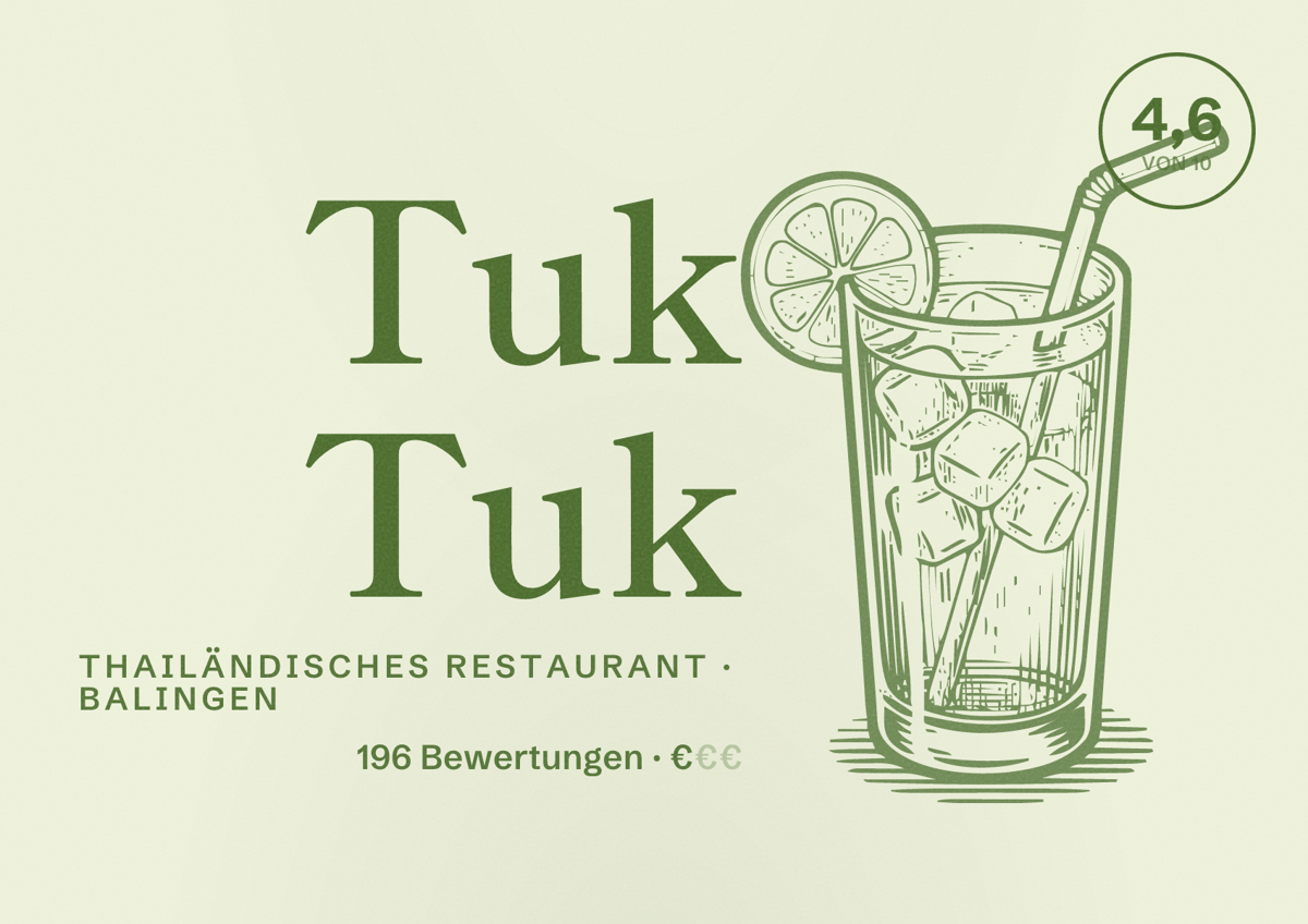 Illustriertes Poster von Tuk Tuk, Thailändisches Restaurant in Balingen: Bewertung 4,6 von 10 aus 196 Bewertungen, Preisniveau €
