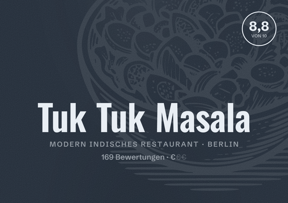 Illustriertes Poster von Tuk Tuk Masala, Modern indisches Restaurant in Berlin: Bewertung 8,8 von 10 aus 169 Bewertungen, Preisniveau €