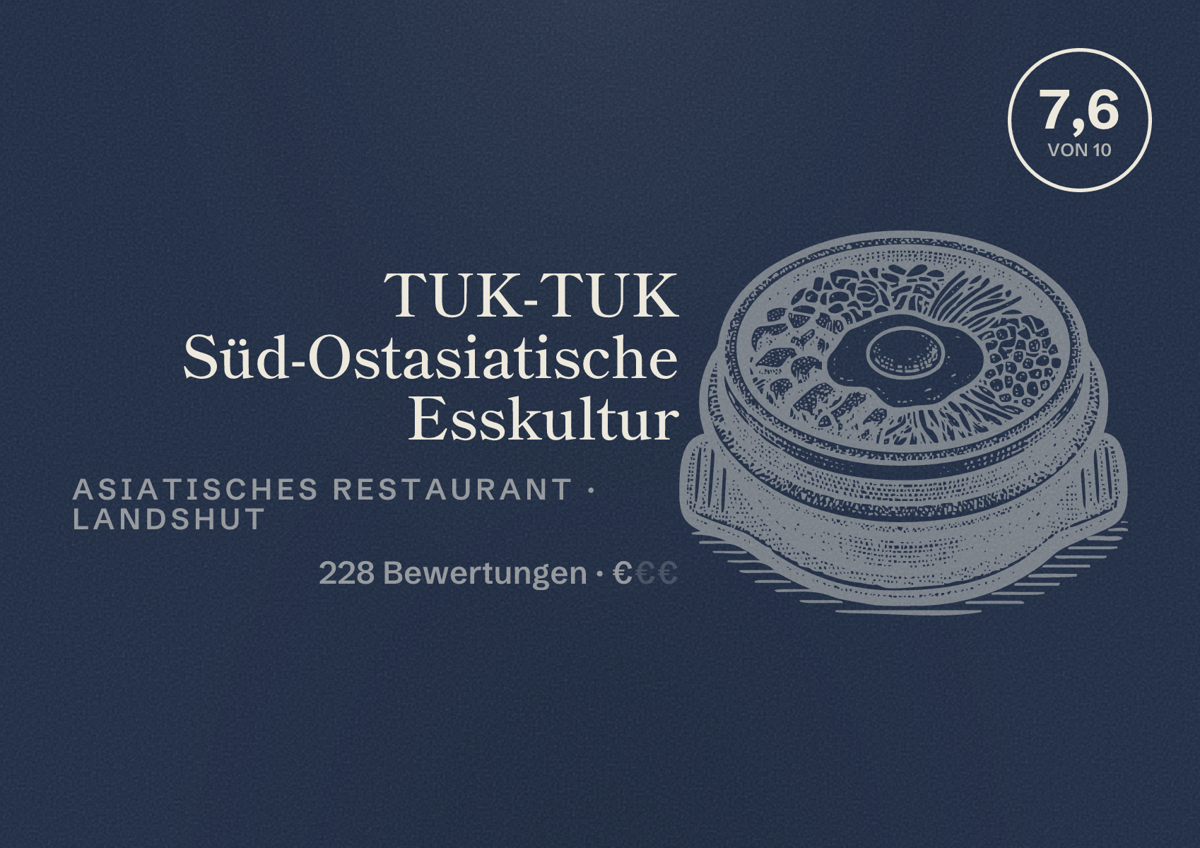 Illustriertes Poster von TUK-TUK Süd-Ostasiatische Esskultur, Asiatisches Restaurant in Landshut: Bewertung 7,6 von 10 aus 228 Bewertungen, Preisniveau €