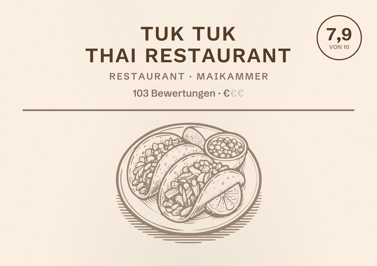 Illustriertes Poster von Tuk Tuk Thai Restaurant, Restaurant in Maikammer: Bewertung 7,9 von 10 aus 103 Bewertungen, Preisniveau €