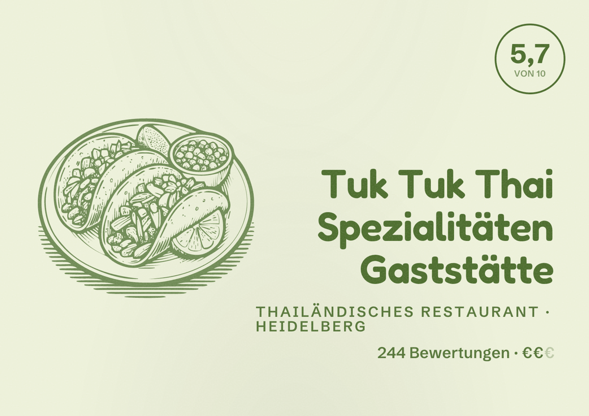 Illustriertes Poster von Tuk Tuk Thai Spezialitäten Gaststätte, Thailändisches Restaurant in Heidelberg: Bewertung 5,7 von 10 aus 244 Bewertungen, Preisniveau €€