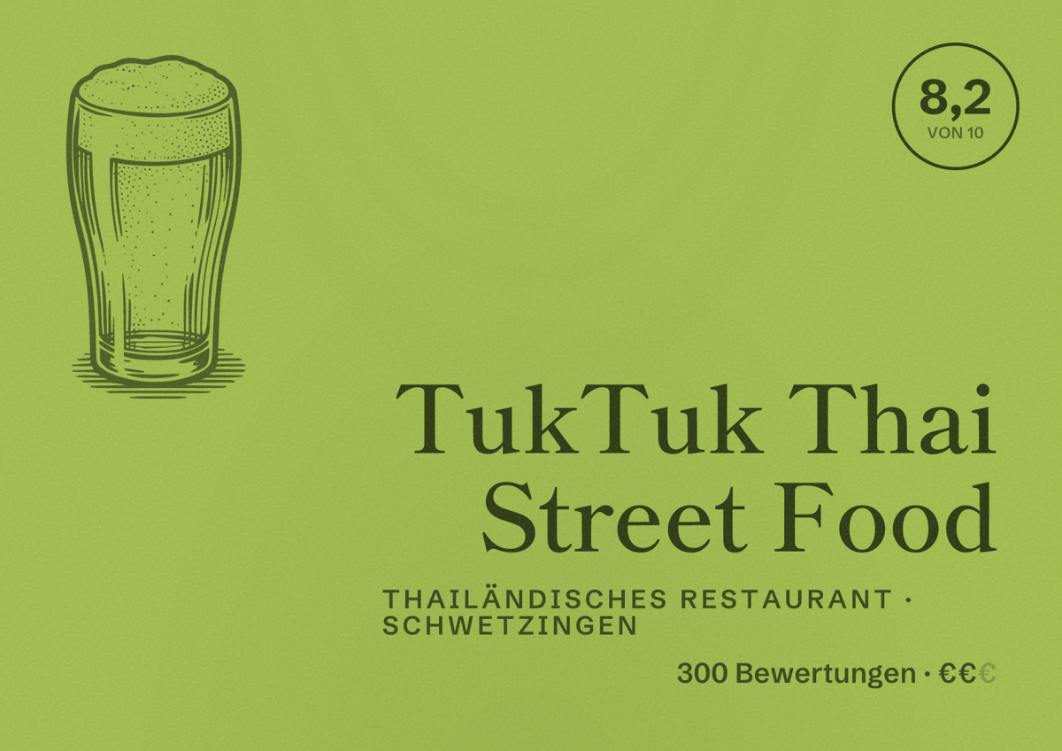 Illustriertes Poster von TukTuk Thai Street Food, Thailändisches Restaurant in Schwetzingen: Bewertung 8,2 von 10 aus 300 Bewertungen, Preisniveau €€
