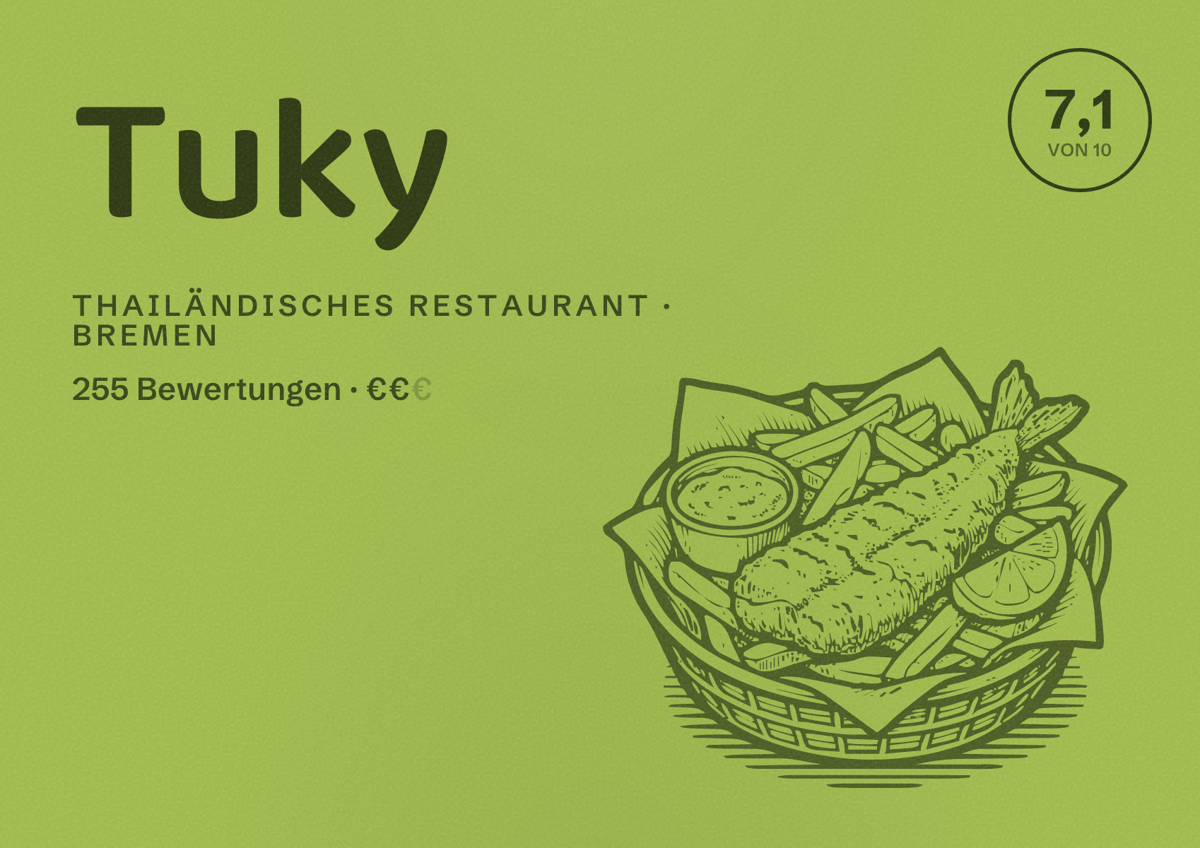 Illustriertes Poster von Tuky, Thailändisches Restaurant in Bremen: Bewertung 7,1 von 10 aus 255 Bewertungen, Preisniveau €€