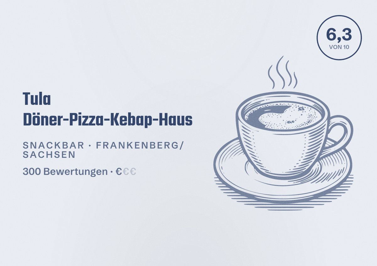Illustriertes Poster von Tula Döner-Pizza-Kebap-Haus, Snackbar in Frankenberg/Sachsen: Bewertung 6,3 von 10 aus 300 Bewertungen, Preisniveau €