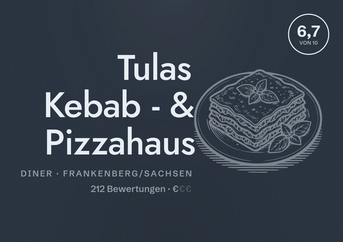 Illustriertes Poster von Tulas Kebab - & Pizzahaus, Diner in Frankenberg/Sachsen: Bewertung 6,7 von 10 aus 212 Bewertungen, Preisniveau €