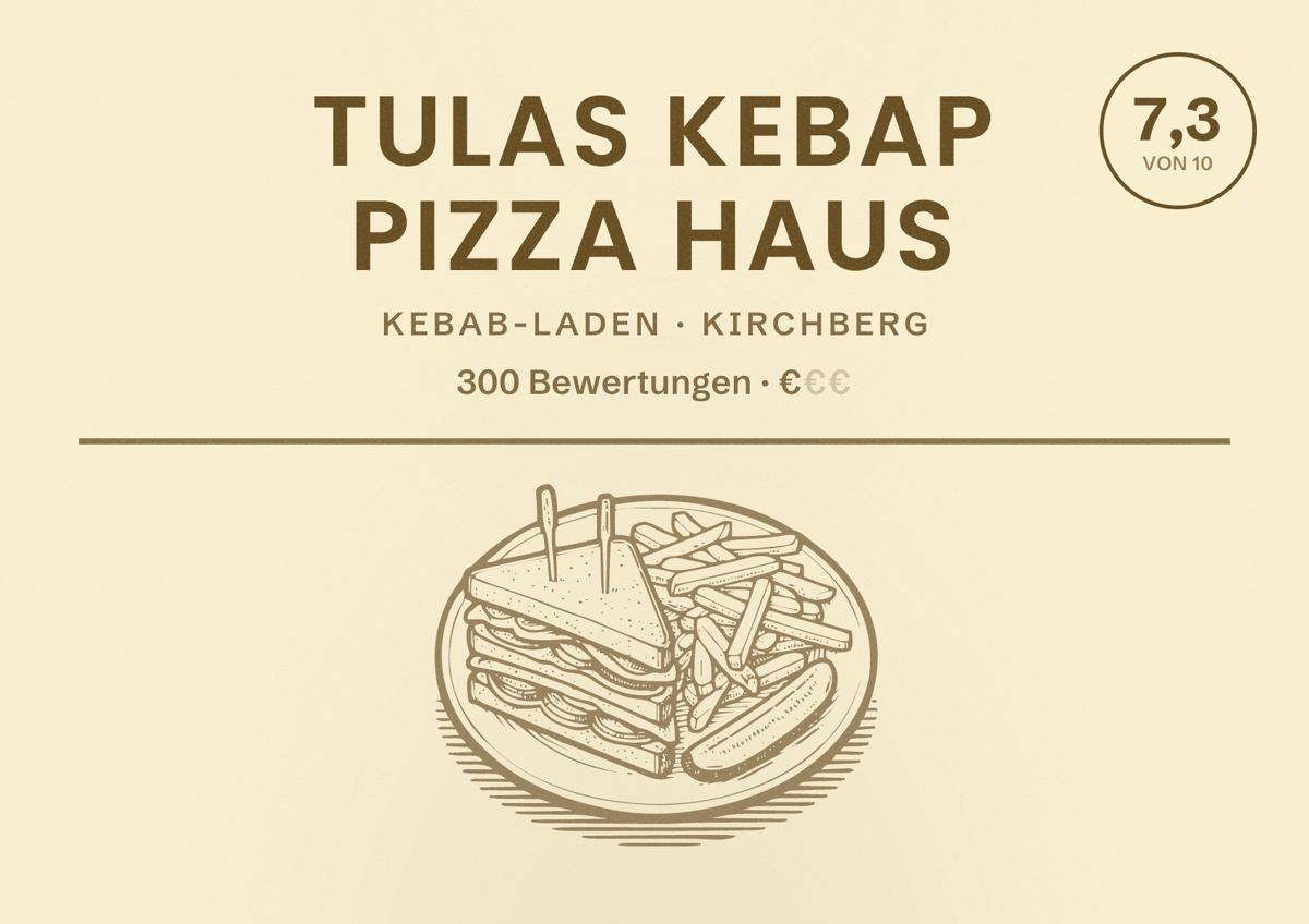 Illustriertes Poster von Tulas Kebap Pizza Haus, Kebab-Laden in Kirchberg: Bewertung 7,3 von 10 aus 300 Bewertungen, Preisniveau €