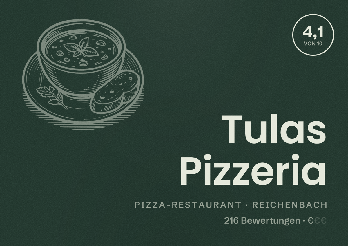 Illustriertes Poster von Tulas Pizzeria, Pizza-Restaurant in Reichenbach: Bewertung 4,1 von 10 aus 216 Bewertungen, Preisniveau €