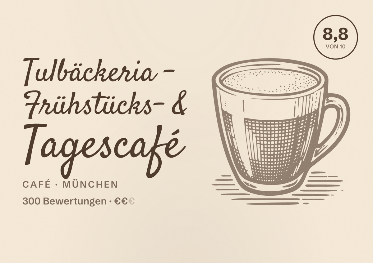 Illustriertes Poster von Tulbäckeria - Frühstücks- & Tagescafé, Café in München: Bewertung 8,8 von 10 aus 300 Bewertungen, Preisniveau €€