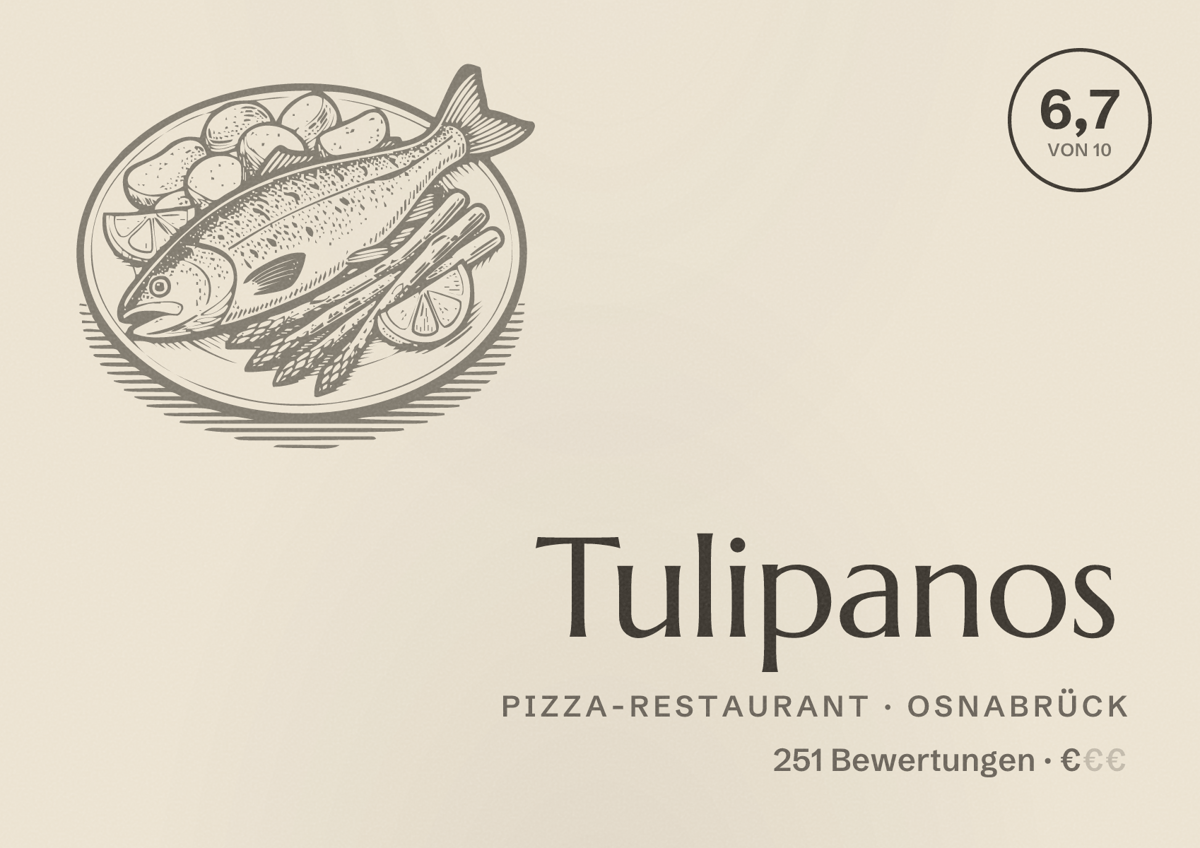 Illustriertes Poster von Tulipanos, Pizza-Restaurant in Osnabrück: Bewertung 6,7 von 10 aus 251 Bewertungen, Preisniveau €