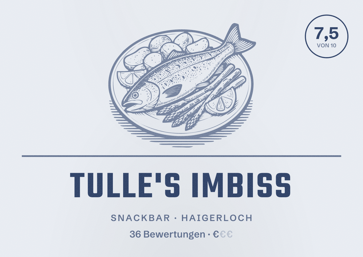 Illustriertes Poster von Tulle's Imbiss, Snackbar in Haigerloch: Bewertung 7,5 von 10 aus 36 Bewertungen, Preisniveau €