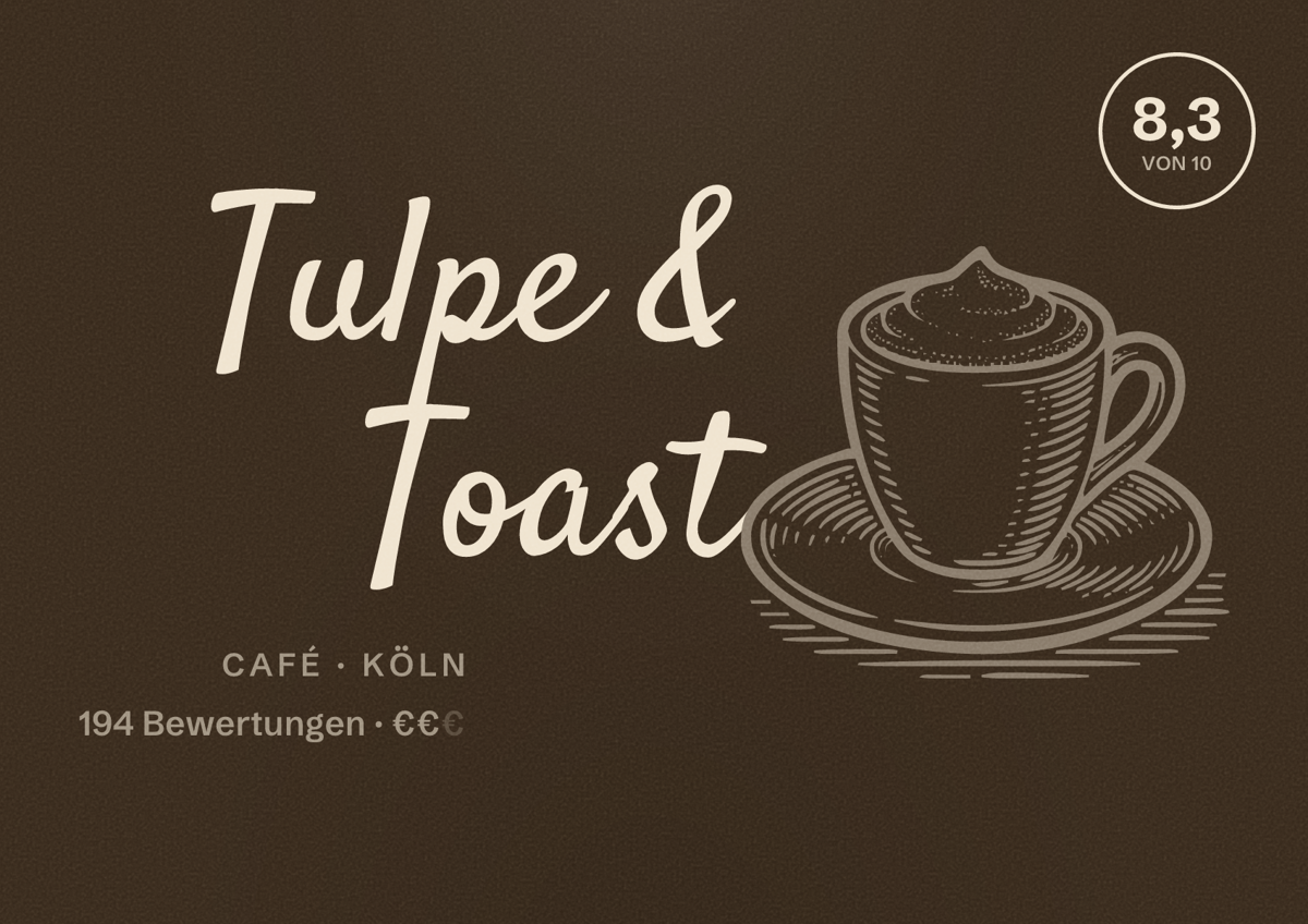 Illustriertes Poster von Tulpe & Toast, Café in Köln: Bewertung 8,3 von 10 aus 194 Bewertungen, Preisniveau €€