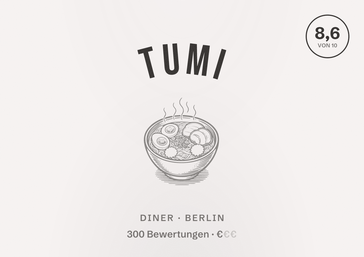 Illustriertes Poster von Tumi, Diner in Berlin: Bewertung 8,6 von 10 aus 300 Bewertungen, Preisniveau €