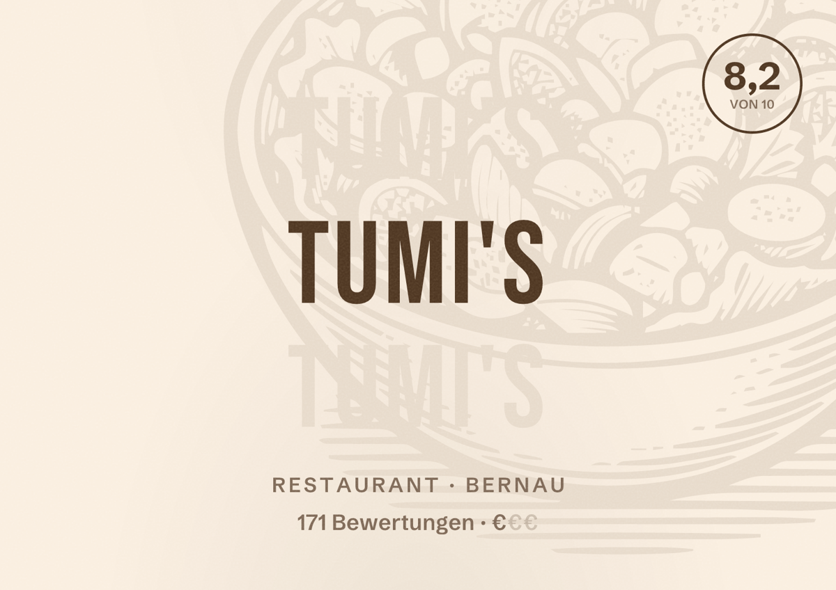Illustriertes Poster von Tumi's, Restaurant in Bernau: Bewertung 8,2 von 10 aus 171 Bewertungen, Preisniveau €
