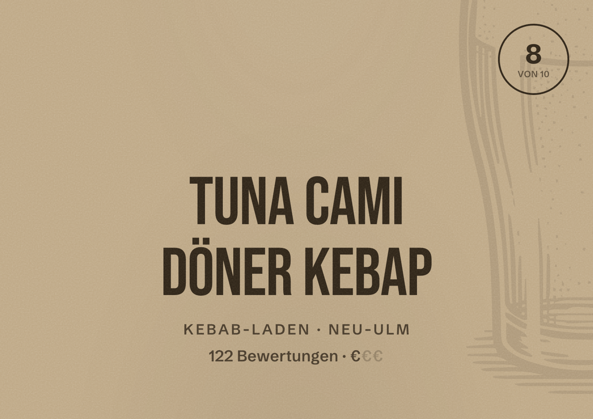 Illustriertes Poster von TUNA Cami Döner Kebap, Kebab-Laden in Neu-Ulm: Bewertung 8 von 10 aus 122 Bewertungen, Preisniveau €