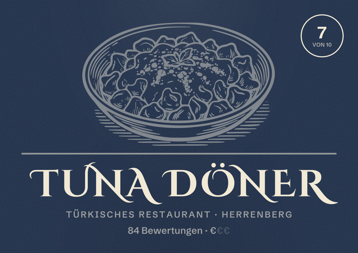 Illustriertes Poster von Tuna Döner, Türkisches Restaurant in Herrenberg: Bewertung 7 von 10 aus 84 Bewertungen, Preisniveau €