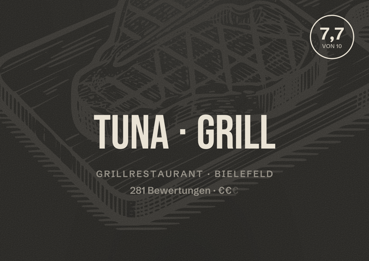 Illustriertes Poster von Tuna Grill, Grillrestaurant in Bielefeld: Bewertung 7,7 von 10 aus 281 Bewertungen, Preisniveau €€