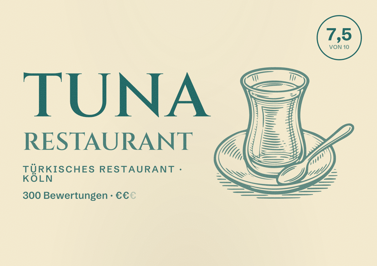 Illustriertes Poster von Tuna Restaurant, Türkisches Restaurant in Köln: Bewertung 7,5 von 10 aus 300 Bewertungen, Preisniveau €€