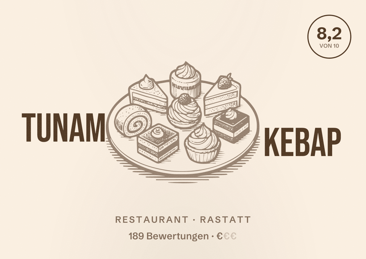Illustriertes Poster von Tunam Kebap, Restaurant in Rastatt: Bewertung 8,2 von 10 aus 189 Bewertungen, Preisniveau €