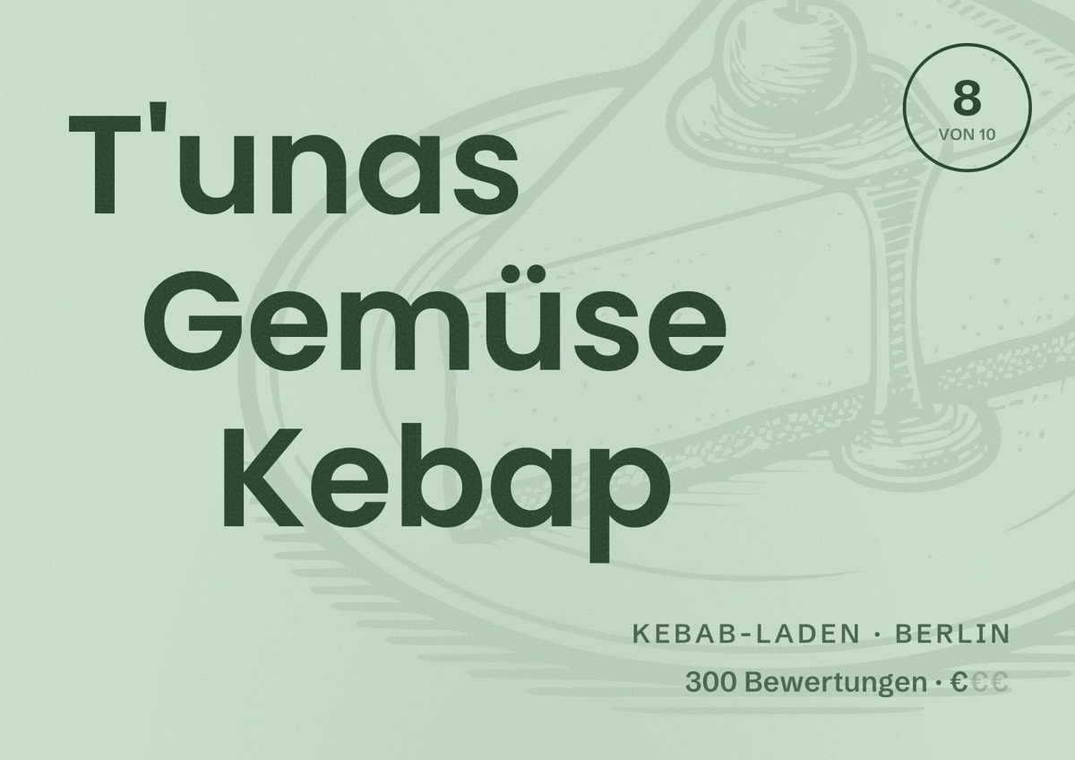 Illustriertes Poster von T'unas Gemüse Kebap, Kebab-Laden in Berlin: Bewertung 8 von 10 aus 300 Bewertungen, Preisniveau €