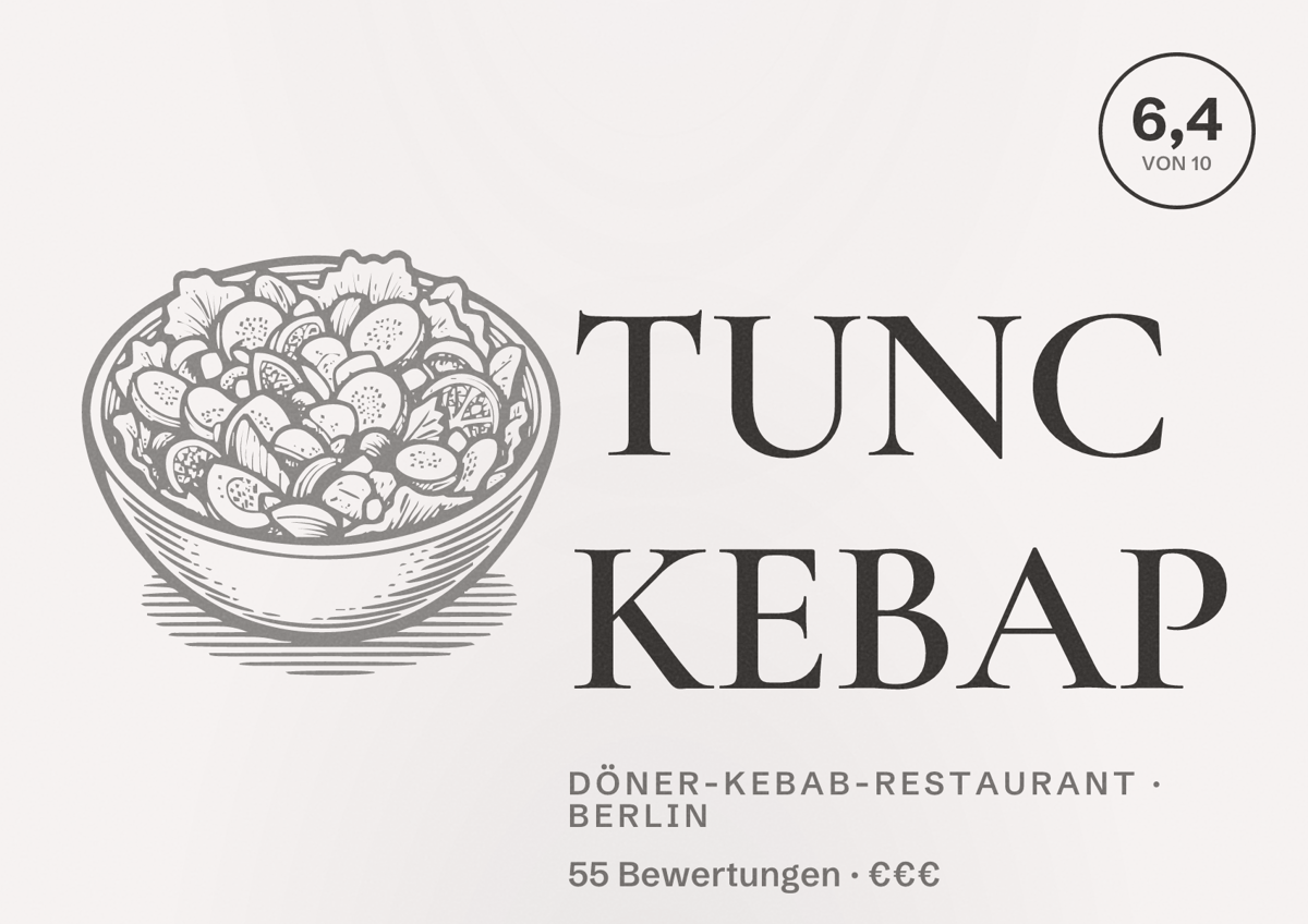Illustriertes Poster von TUNC KEBAP, Döner-Kebab-Restaurant in Berlin: Bewertung 6,4 von 10 aus 55 Bewertungen, Preisniveau €€€