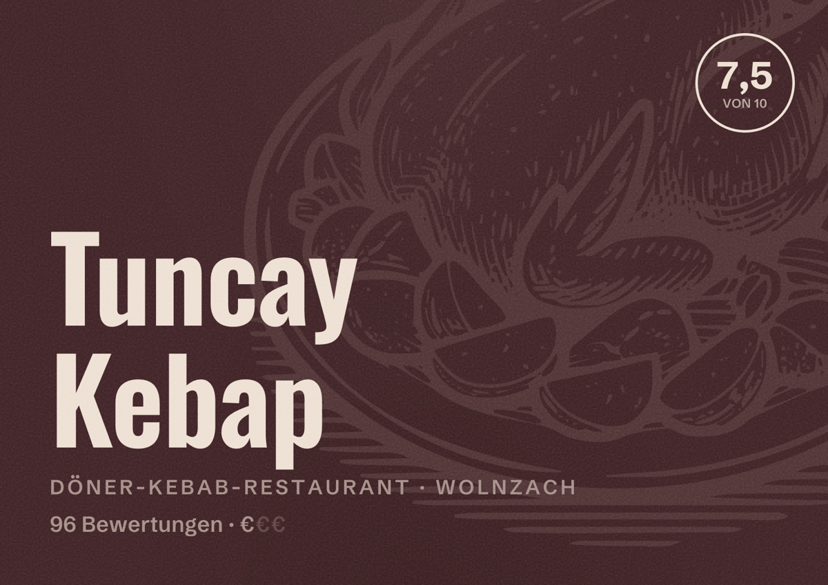 Illustriertes Poster von Tuncay Kebap, Döner-Kebab-Restaurant in Wolnzach: Bewertung 7,5 von 10 aus 96 Bewertungen, Preisniveau €