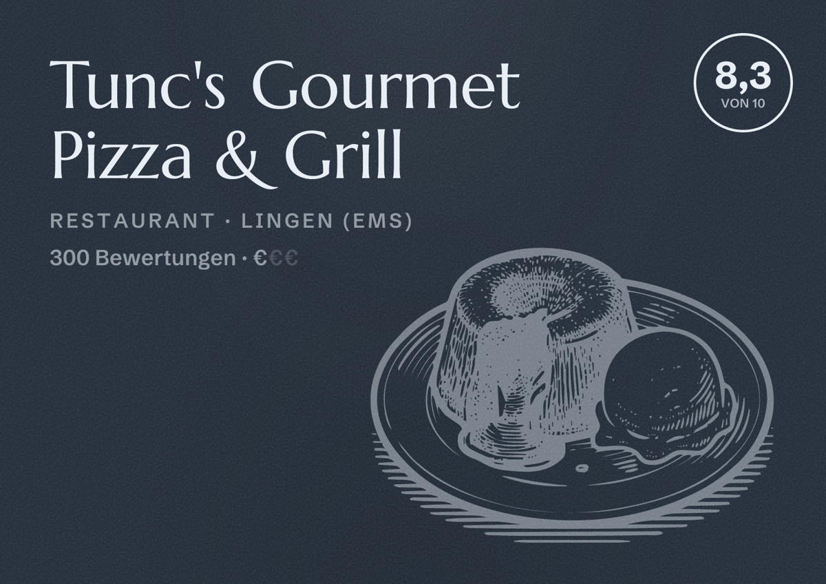 Illustriertes Poster von Tunc's Gourmet Pizza & Grill, Restaurant in Lingen (Ems): Bewertung 8,3 von 10 aus 300 Bewertungen, Preisniveau €